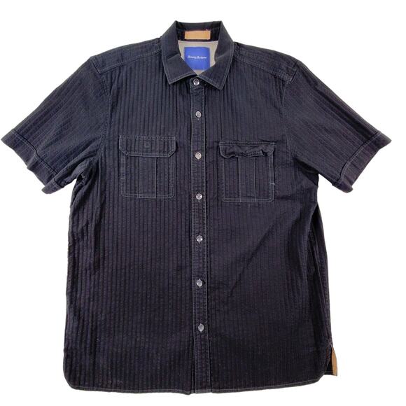 Tommy Bahama Mens Black Button Up Short Sleeve Shirt Cotton Pockets Large - Picture 1 of 9